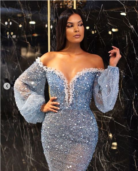 Puff-Sleeve Off-Shoulder Sequin Mermaid Evening Gown