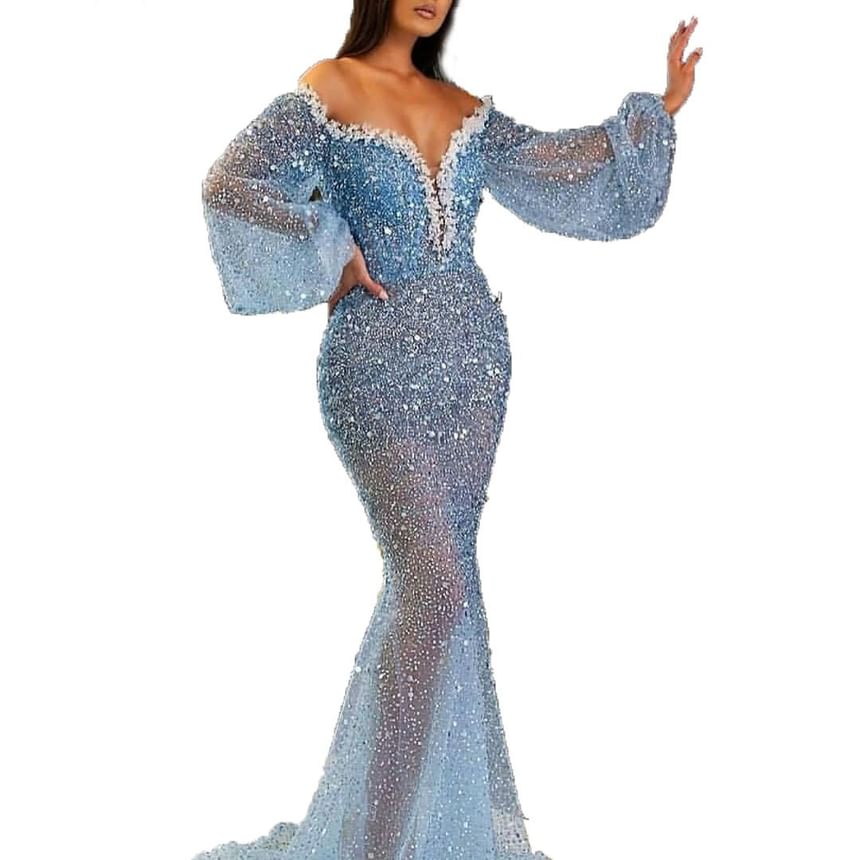 Puff-Sleeve Off-Shoulder Sequin Mermaid Evening Gown
