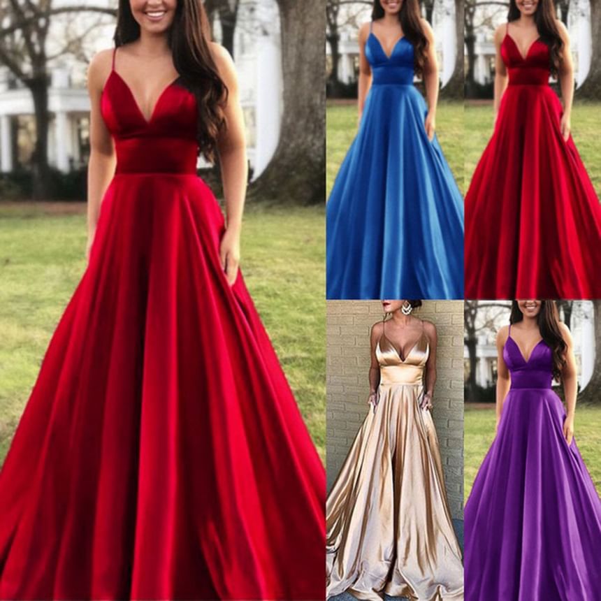 Spaghetti Strap Plain A-Line Evening Gown