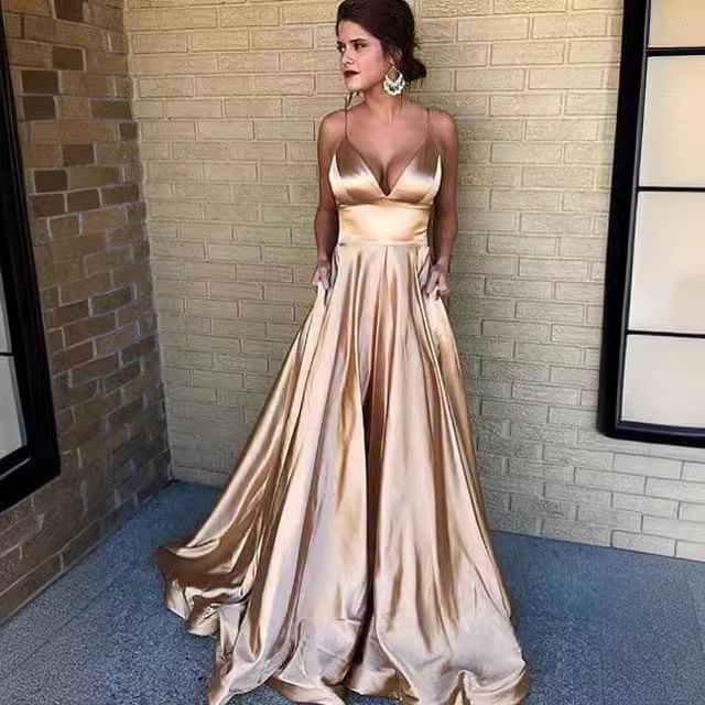 Spaghetti Strap Plain A-Line Evening Gown