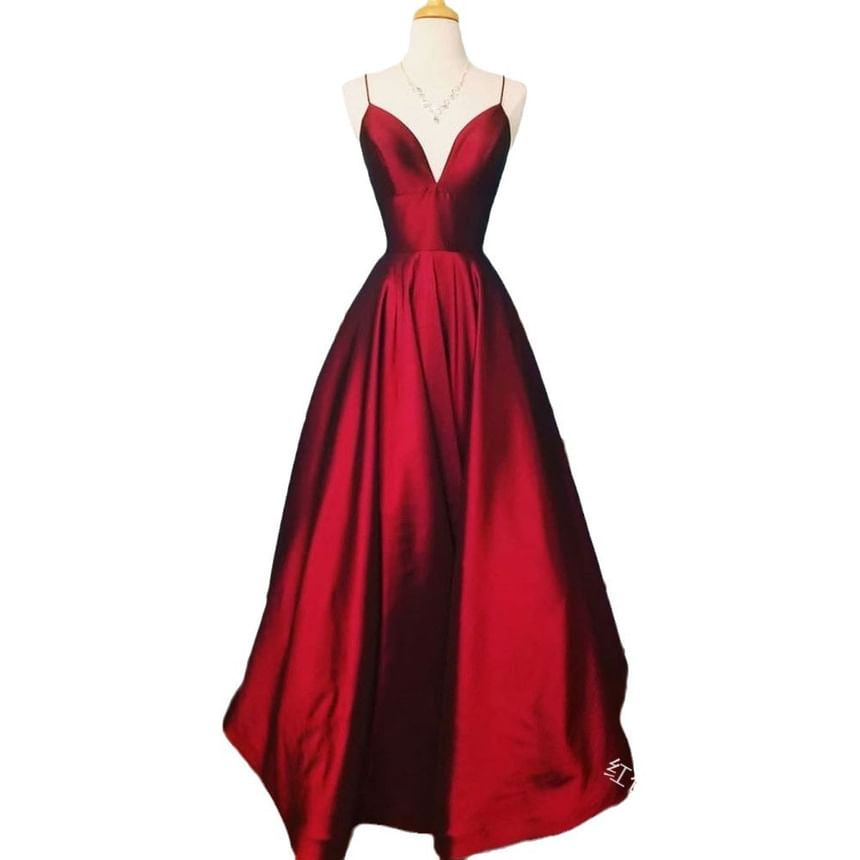 Spaghetti Strap Plain A-Line Evening Gown