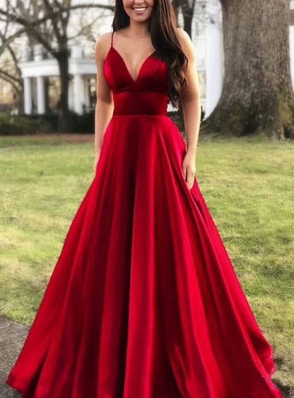 Spaghetti Strap Plain A-Line Evening Gown