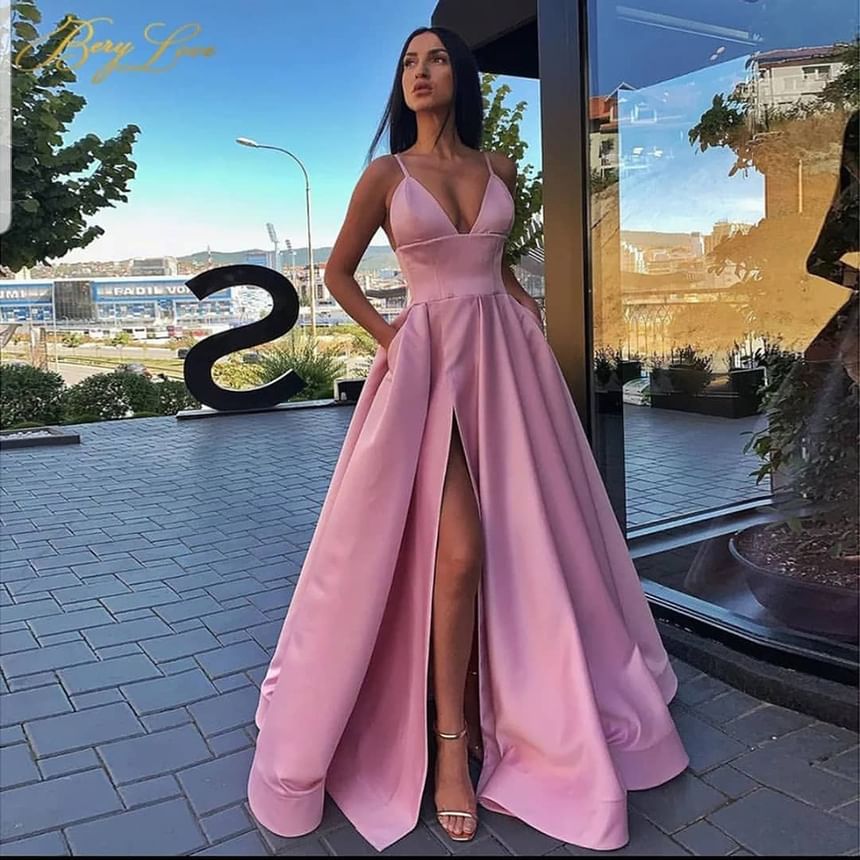 A-Line Evening Gown Side-Slit Spaghetti Strap