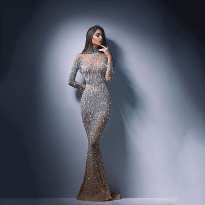 Long-Sleeve Rhinestone Mermaid Evening Gown
