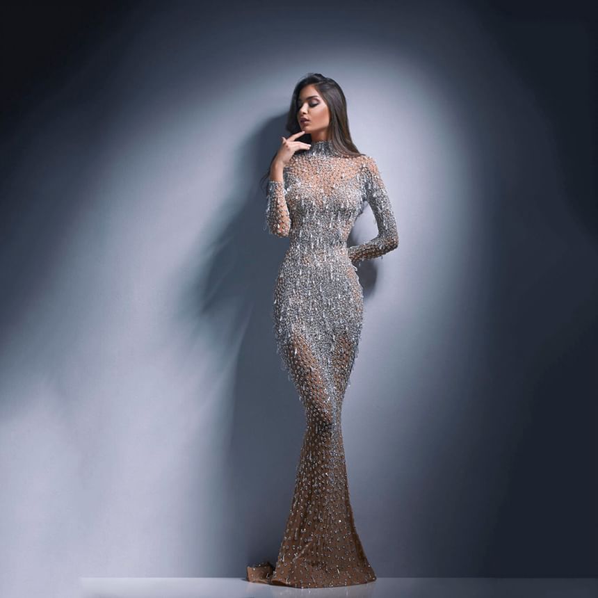 Rhinestone Gown Mermaid Long-Sleeve Evening