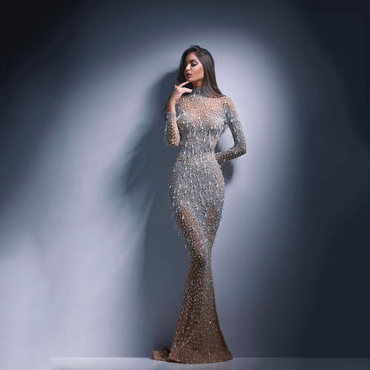 Long-Sleeve Rhinestone Mermaid Evening Gown