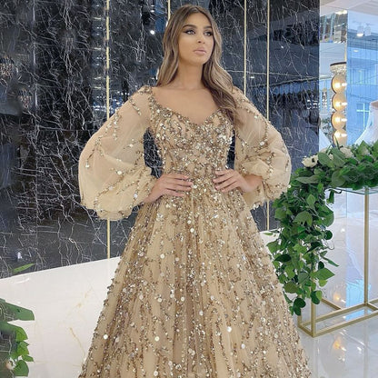 Puff-Sleeve Sequin A-Line Evening Gown