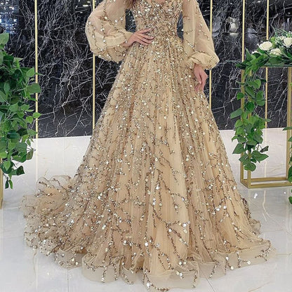 Puff-Sleeve Sequin A-Line Evening Gown