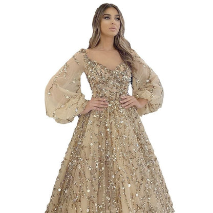 Puff-Sleeve Sequin A-Line Evening Gown