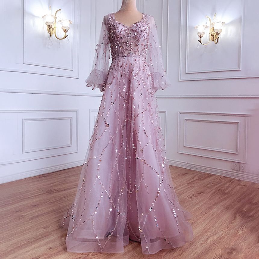 Puff-Sleeve Sequin A-Line Evening Gown