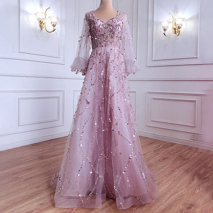 Puff-Sleeve Sequin A-Line Evening Gown