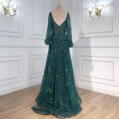 Puff-Sleeve Sequin A-Line Evening Gown