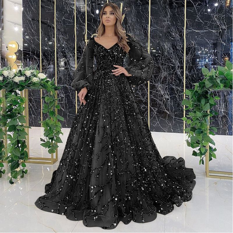 Puff-Sleeve Sequin A-Line Evening Gown