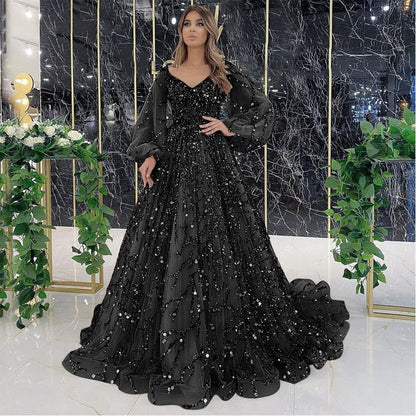 Puff-Sleeve Sequin A-Line Evening Gown