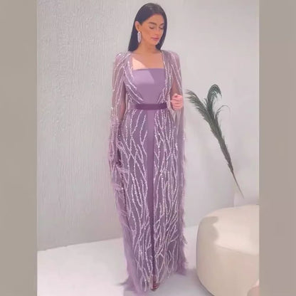 Sequin Sheath Evening Flared-Sleeve Gown