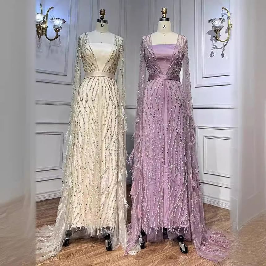 Sequin Sheath Evening Flared-Sleeve Gown