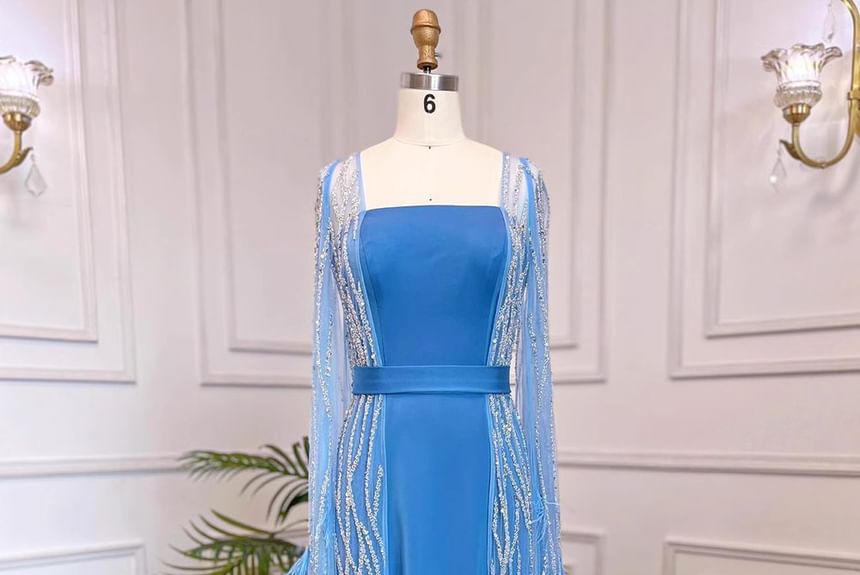 Sequin Sheath Evening Flared-Sleeve Gown
