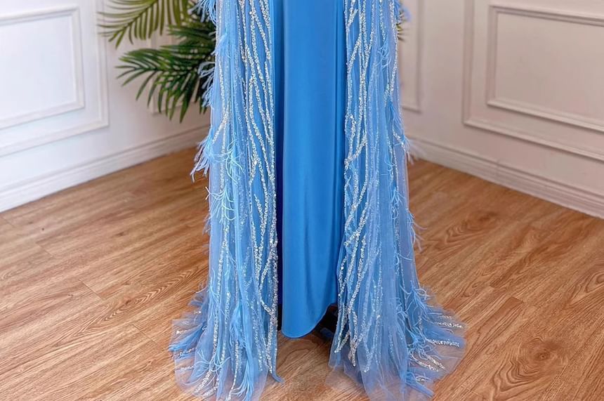 Sequin Sheath Evening Flared-Sleeve Gown