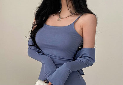 Set: Thin Strap Slit Midi Bodycon Dress + Button-Up Cardigan