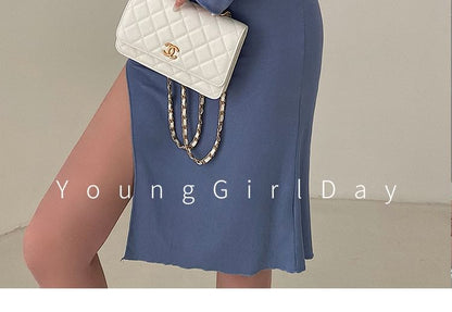 Set: Thin Strap Slit Midi Bodycon Dress + Button-Up Cardigan