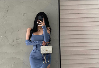 Set: Thin Strap Slit Midi Bodycon Dress + Button-Up Cardigan