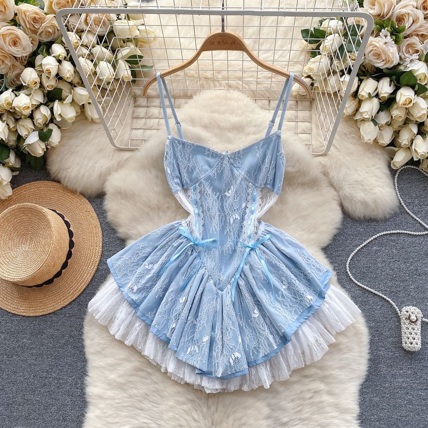 Thin Strap Lace Panel Mini A-Line Dress