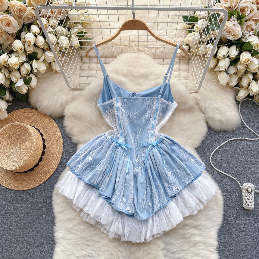 Thin Strap Lace Panel Mini A-Line Dress