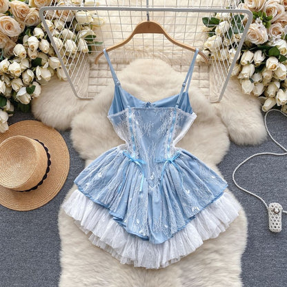 Thin Strap Lace Panel Mini A-Line Dress
