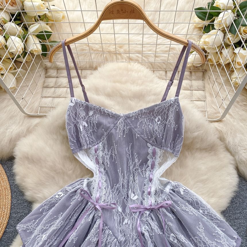 Thin Strap Lace Panel Mini A-Line Dress