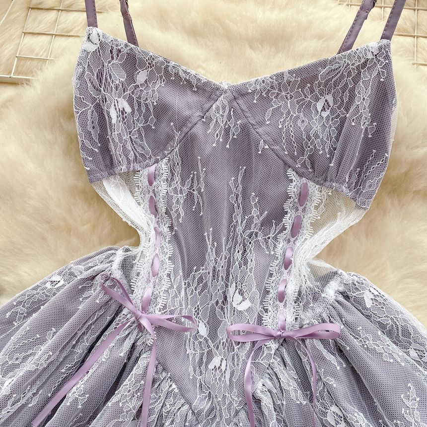 Thin Strap Lace Panel Mini A-Line Dress
