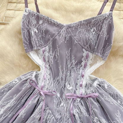 Thin Strap Lace Panel Mini A-Line Dress