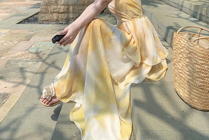 Thin Strap V-Neck Tie-Dye Long Sundress
