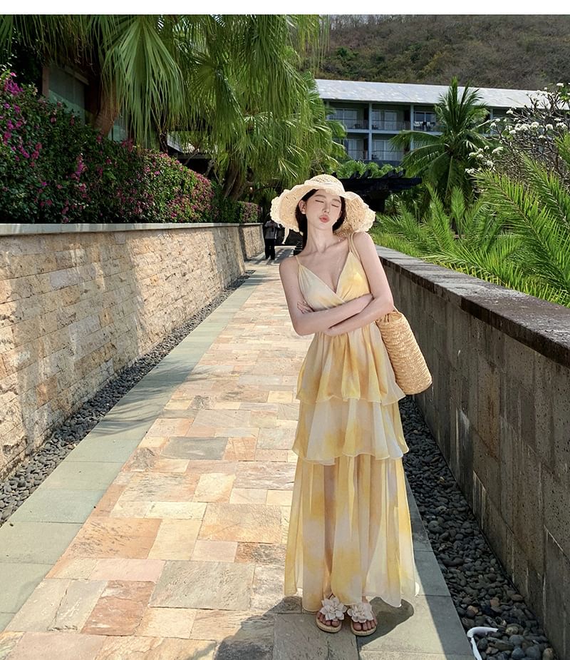 Thin Strap V-Neck Tie-Dye Long Sundress