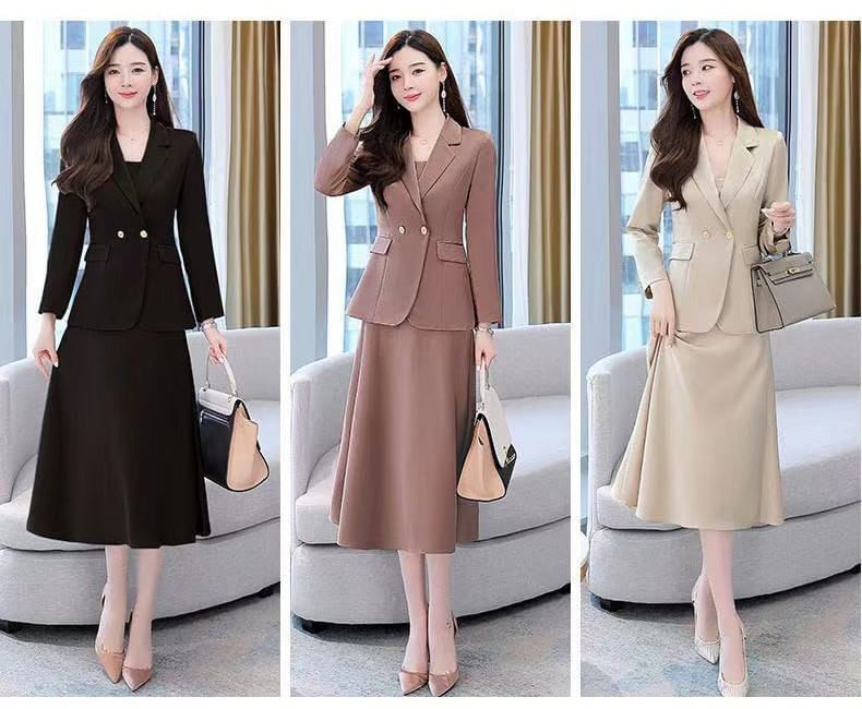 Set: Simple Double-Breasted Blazer + Thin Strap Plain A-Line Midi Dress