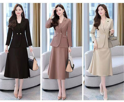 Set: Simple Double-Breasted Blazer + Thin Strap Plain A-Line Midi Dress