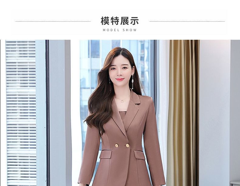 Set: Simple Double-Breasted Blazer + Thin Strap Plain A-Line Midi Dress