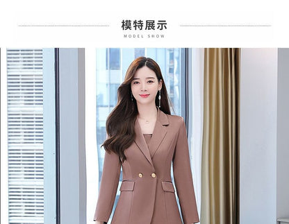 Set: Simple Double-Breasted Blazer + Thin Strap Plain A-Line Midi Dress