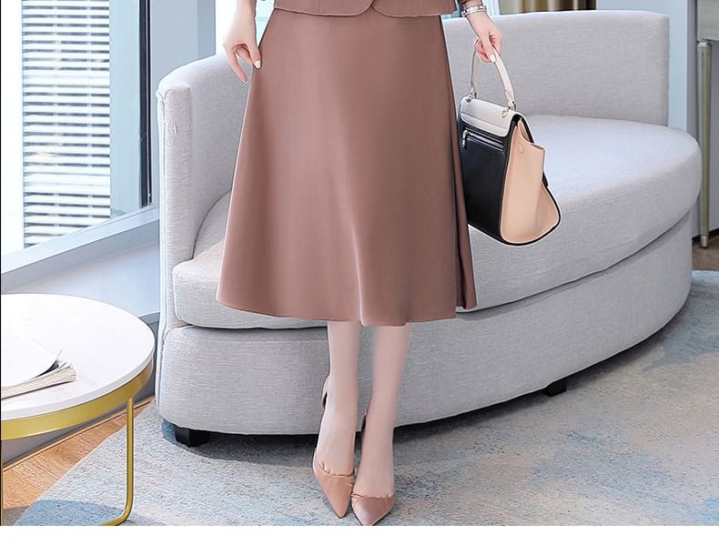 Set: Simple Double-Breasted Blazer + Thin Strap Plain A-Line Midi Dress