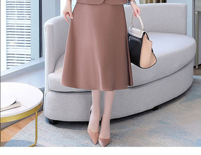 Set: Simple Double-Breasted Blazer + Thin Strap Plain A-Line Midi Dress