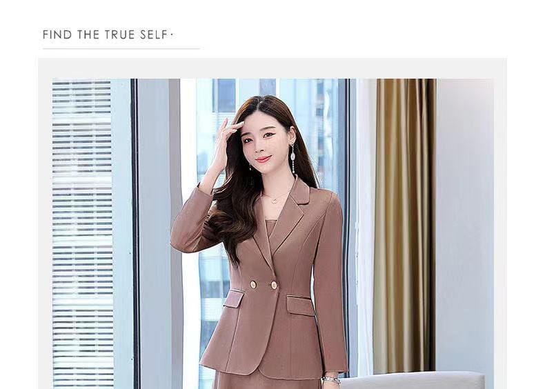 Set: Simple Double-Breasted Blazer + Thin Strap Plain A-Line Midi Dress
