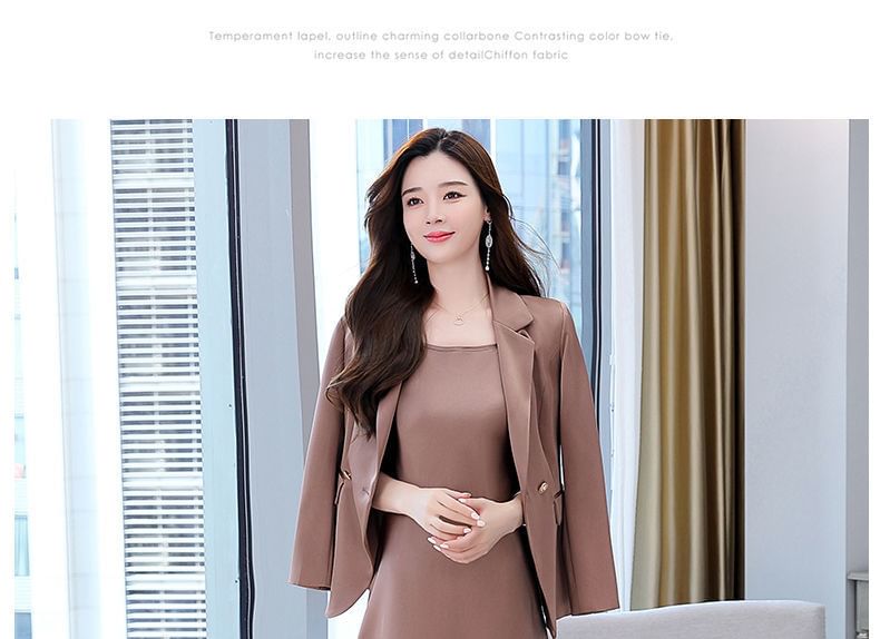 Set: Simple Double-Breasted Blazer + Thin Strap Plain A-Line Midi Dress