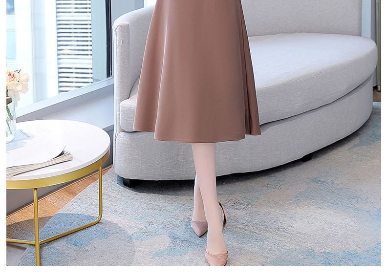 Set: Simple Double-Breasted Blazer + Thin Strap Plain A-Line Midi Dress