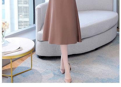 Set: Simple Double-Breasted Blazer + Thin Strap Plain A-Line Midi Dress