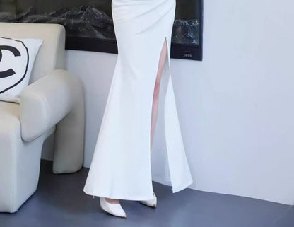 Mermaid Slit Plain Spaghetti Strap Gown V-Neck Evening