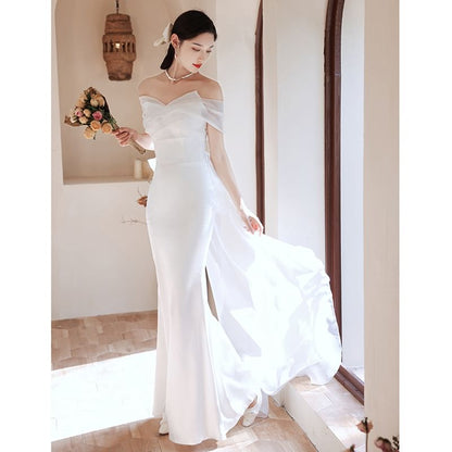 Off-Shoulder Plain Trained Bow Back Mermaid Wedding Gown