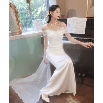 Off-Shoulder Plain Trained Bow Back Mermaid Wedding Gown