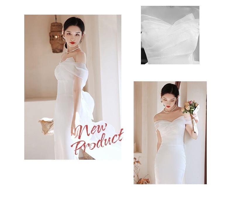 Off-Shoulder Plain Trained Bow Back Mermaid Wedding Gown