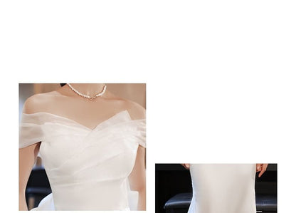 Off-Shoulder Plain Trained Bow Back Mermaid Wedding Gown