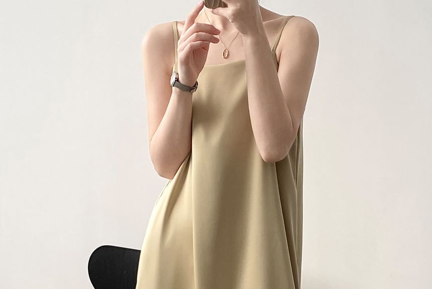 Thin Strap Square Neck Satin Midi Tunic Dress