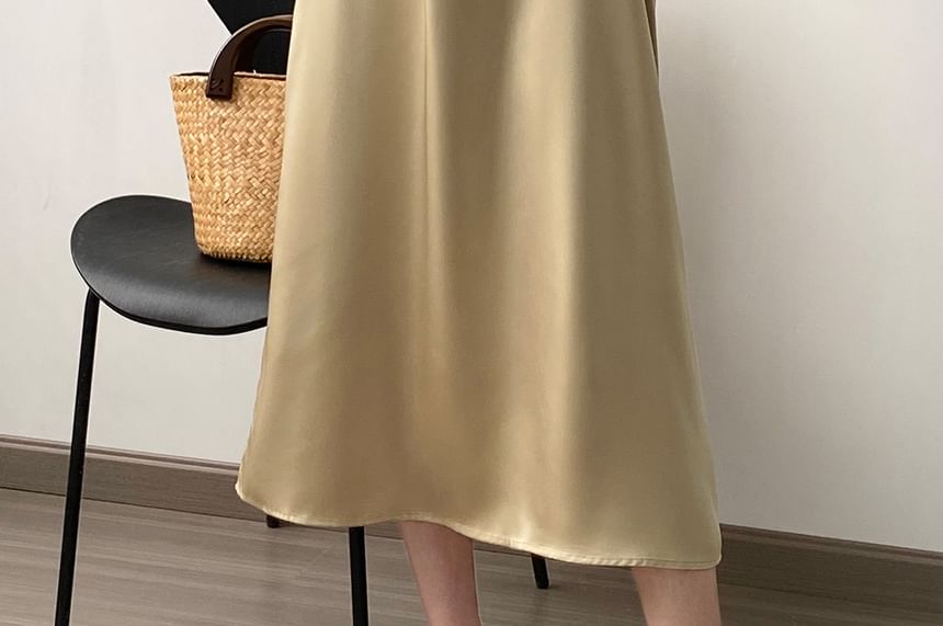 Thin Strap Square Neck Satin Midi Tunic Dress